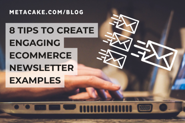 A hand typing on a laptop searching ecommerce newsletter examples while sending a newsletter out.