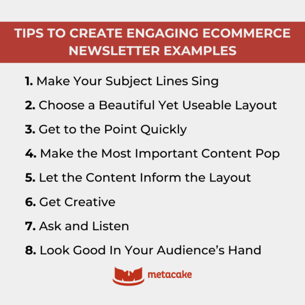 Graphic: 8 TIPS TO CREATE ENGAGING ECOMMERCE NEWSLETTER EXAMPLES
