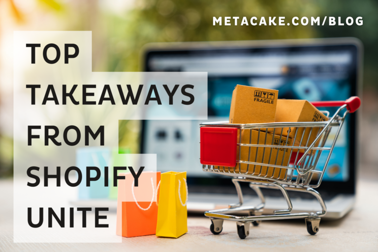 Blog header for top takeaways from Shopify Unite, featuring a shopping cart with boxes and shopping bags.