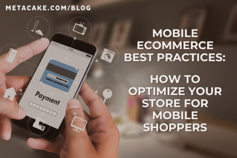 Person holding a smartphone with an ecommerce interface, mobile shopping, under a blog title about the best mobile commerce optimization practices.