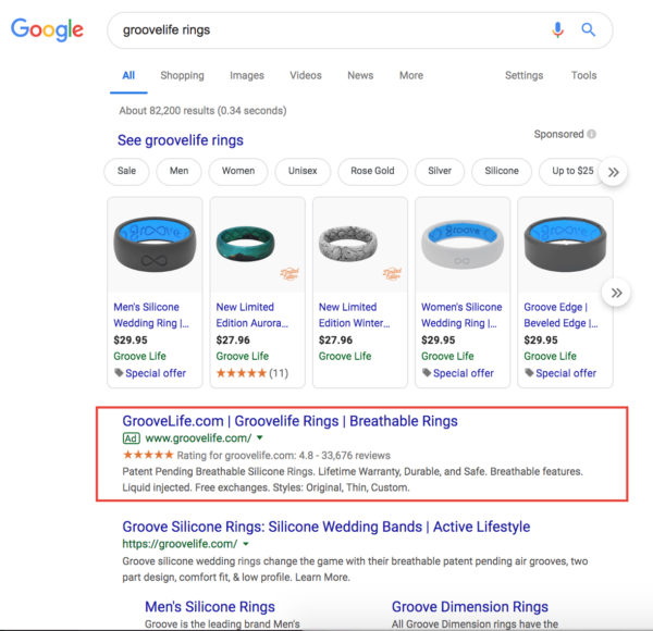 Example of branded search terms for Groove Life
