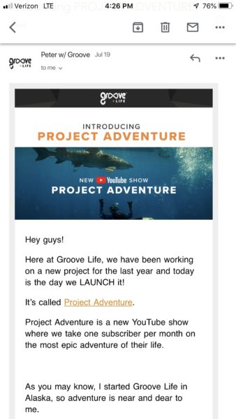 Example of Groove Life's Project Adventure Email