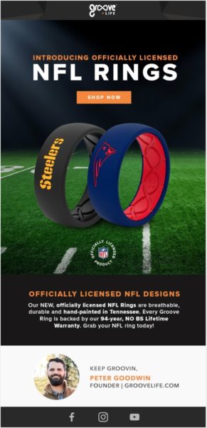 Example of Groove Life's NFL Ring Launch Email