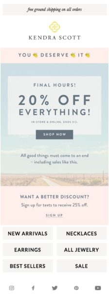 Example of In-Sale Reminder Email From Kendra Scott