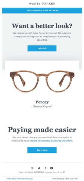 Example Abandoned Cart Email from Warby Parker