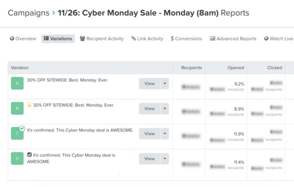 Example Cyber Monday Email Subject Line Test