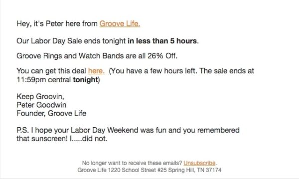 Example of a Text-Only Labor Day Sale Email from Groove Life