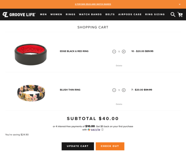 Shopping Cart Page Example: Groove Life